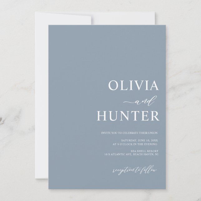 Invitation Tout en une calligraphie Dusty Mariage bleu (Devant)