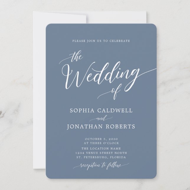 Invitation Tout en une calligraphie Mariage Dusty Blue tendan (Devant)