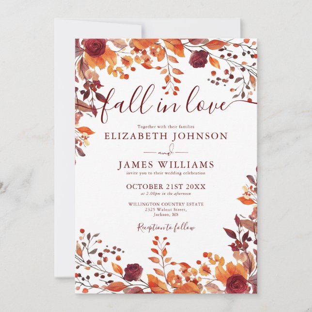 Invitation Tout En Une Chute De Bourgogne En Amour Mariage Fl (Devant)