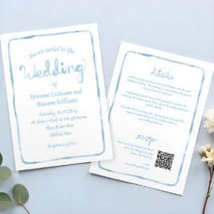 Invitation Tout en une main simple tiré bleu QR Mariage RSVP