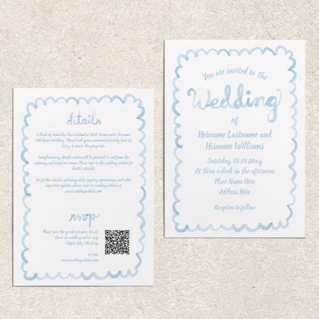 Invitation Tout en une main titré bleu clair QR Mariage RSVP (Créateur téléchargé)