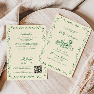 Invitation Tout en une main verte dessinée Mariage de code QR