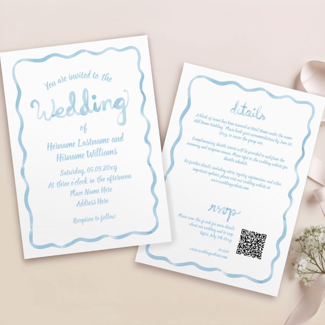 Invitation Tout en une main Wavy tiré bleu QR RSVP Mariage (Créateur téléchargé)