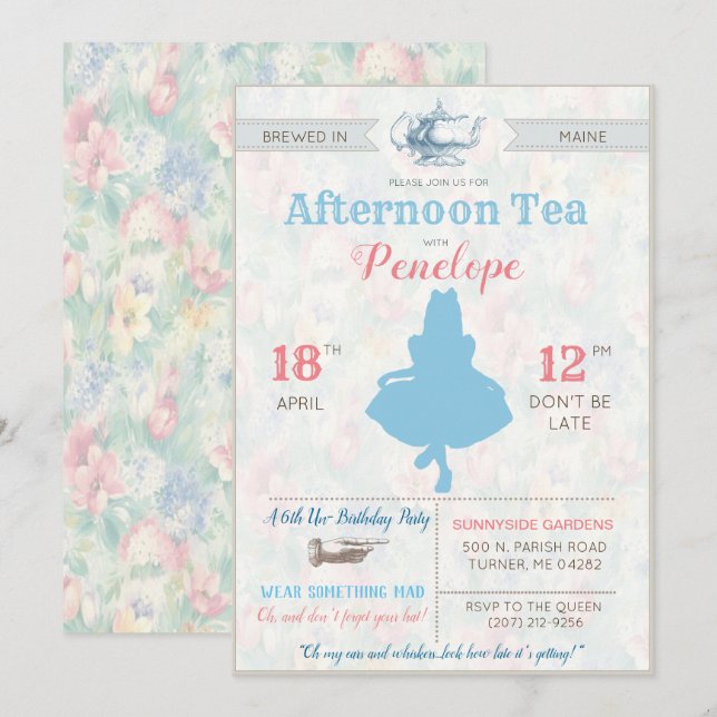 Invitation TOUT ÉVÉNEMENT - Alice au Wonderland Tea Party (Devant / Derrière)