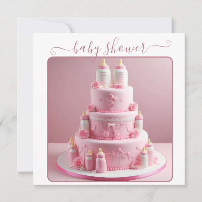 INVITATION TOUT GÂTEAU DE BABY SHOWER ROSE AVEC BOUTEILLES DE (Devant)