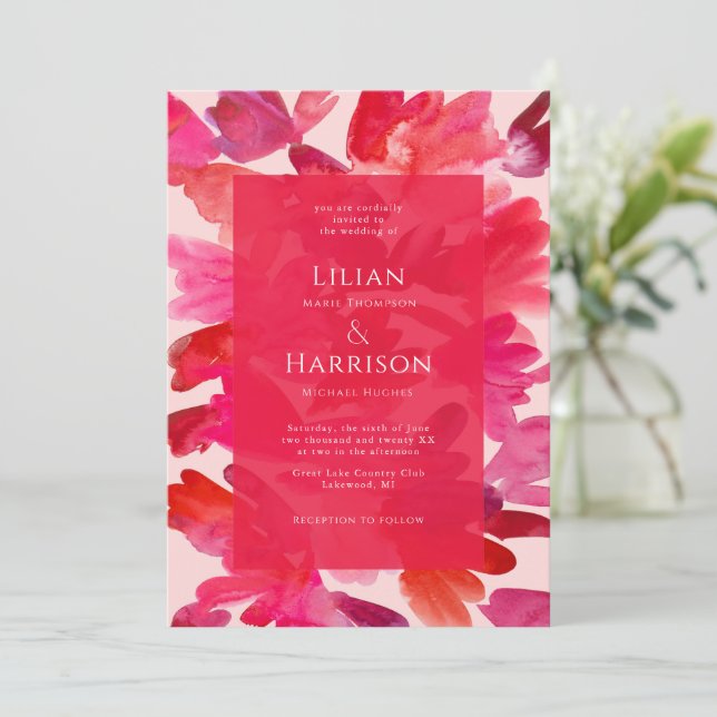 Invitation Tout l'amour Aquarelle rose Mariage rouge (Debout devant)