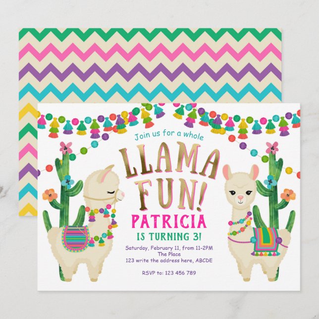 Invitation Tout le plaisir de lama, Fiesta, anniversaire de f (Devant / Derrière)