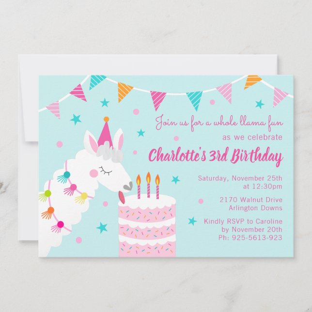 Invitation Tout Llama Fun Cake 3ème Anniversaire Aqua (Devant)