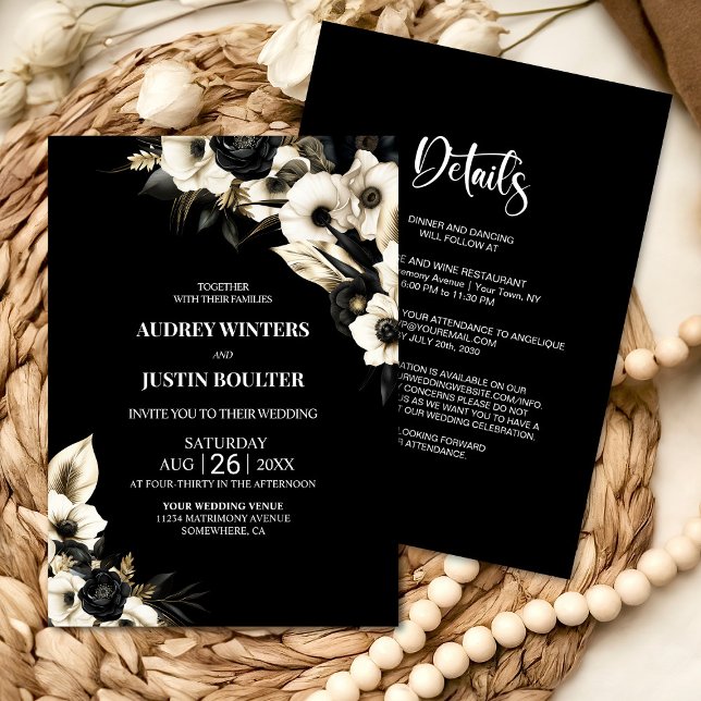 Invitation Tout moderne en un Mariage Floral noir et blanc (Créateur téléchargé)