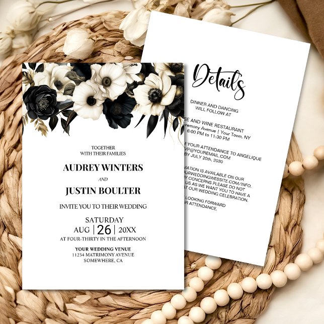 Invitation Tout moderne en un Mariage Floral noir et blanc (Créateur téléchargé)