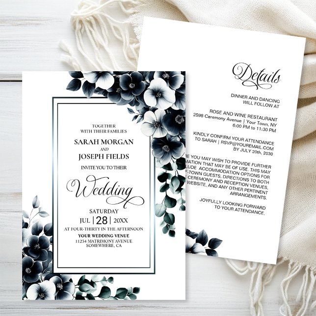 Invitation Tout moderne en un noir blanc Mariage Floral (Créateur téléchargé)