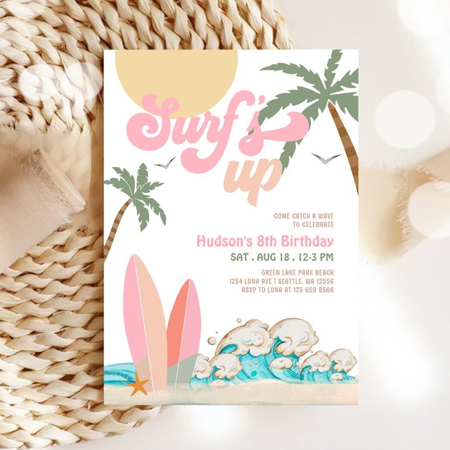 Invitation TOUTE AGE Fille Rose Peach Surf Anniversaire (Créateur téléchargé)