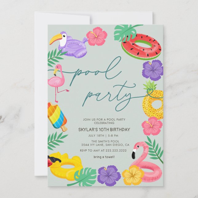 Invitation Toute année Fête de piscine tropicale moderne Anni (Devant)