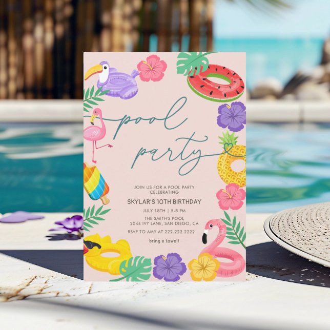 Invitation Toute année Fête de piscine tropicale moderne Anni (Créateur téléchargé)