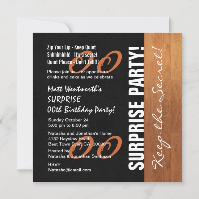 Invitation Toute année SURPRISE Anniversaire Black Gold Wood  (Devant)