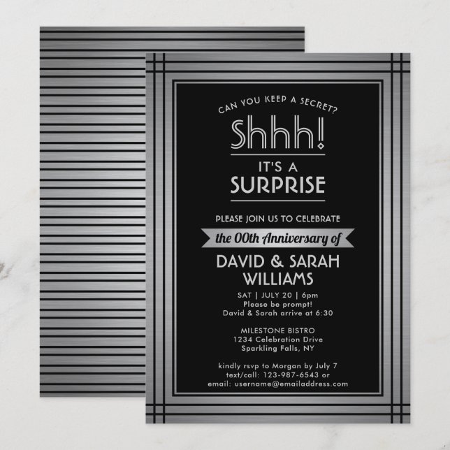 Invitation TOUTE ANNÉE Surprise Anniversaire Élégant Argent N (Devant / Derrière)