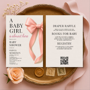 Invitation Toute en Une Fête de Naissance Bébé Fille Rose Arc