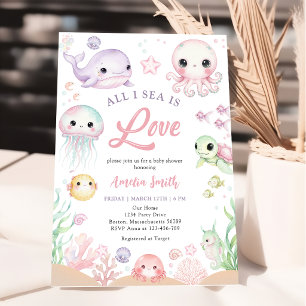 Invitation Toute la mer est amour Fille Animaux de l'océan Ba
