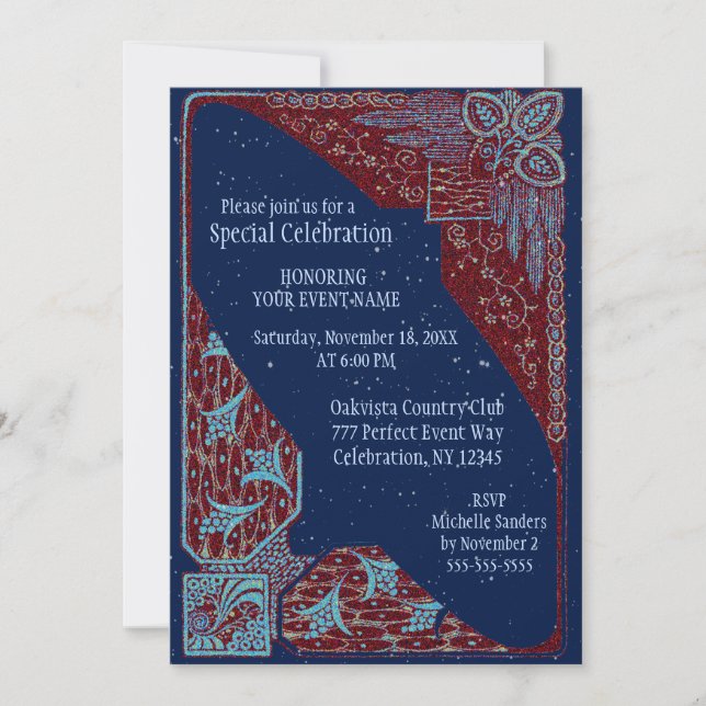 Invitation Toutes les fins | Art déco bleu et rouge (Devant)