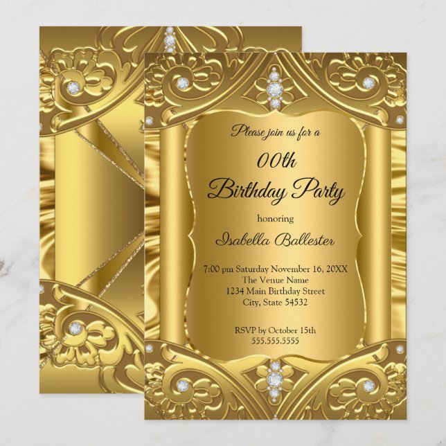 Invitation Toutes les images Age Anniversaire Party Gold Diam (Devant / Derrière)