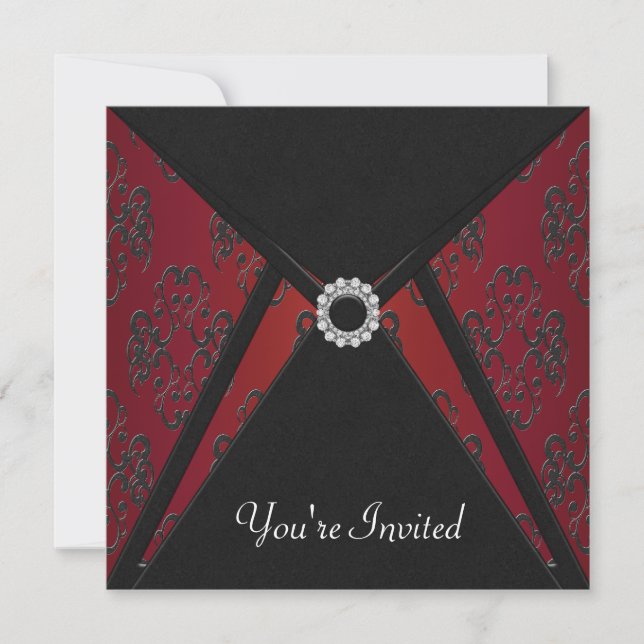 Invitation Toutes les occasions Noir Damask Rouge Modèle d'in (Devant)