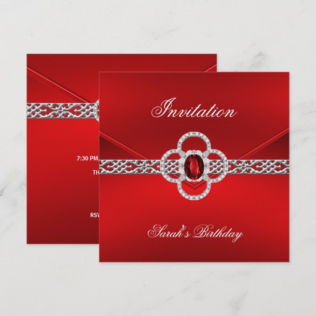 Invitation Toutes les Occasions Rouge Bijou Argent (Devant / Derrière)