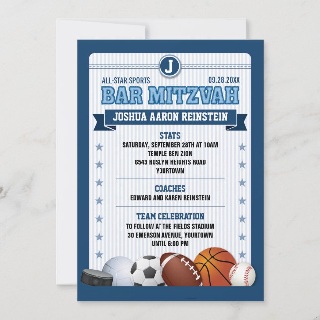 Invitation Toutes les Star Sports Blue Trading Card Bar Mitzv (Devant)