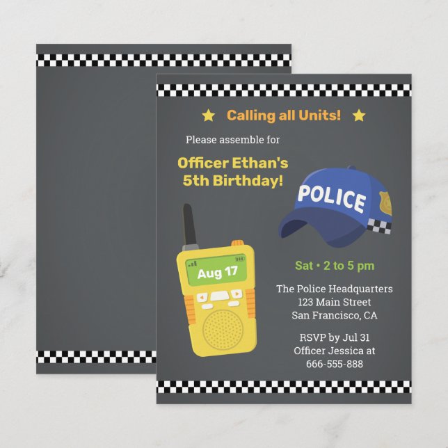 Invitation Toutes les unités Walkie Talkie Police Kids Fête d (Devant / Derrière)