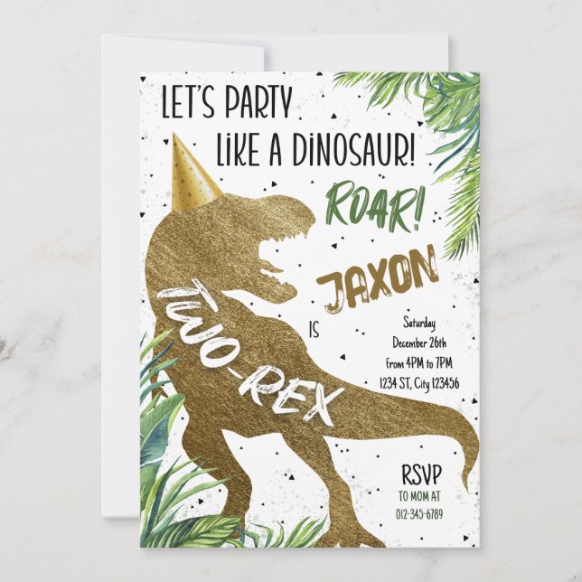 Invitation Tow-Rex Dinosaur Gold Deuxième fête d'anniversaire (Devant)