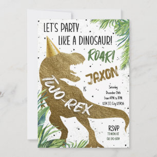 Invitation Tow-Rex Dinosaur Gold Deuxième fête d'anniversaire