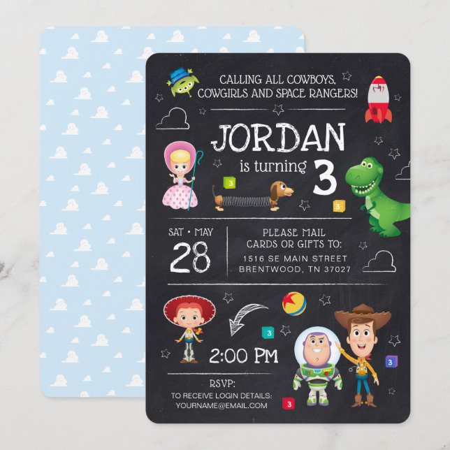 Invitation Toy Story Chalkboard virtuel Anniversaire (Devant / Derrière)