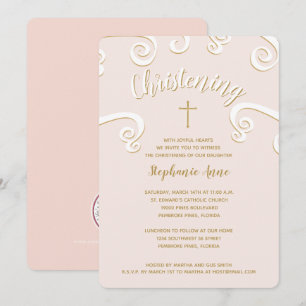 Invitation Tracées Christening en rose et en or