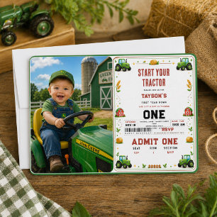 Invitation Tracteur agricole vert rustique Ferme 1er annivers