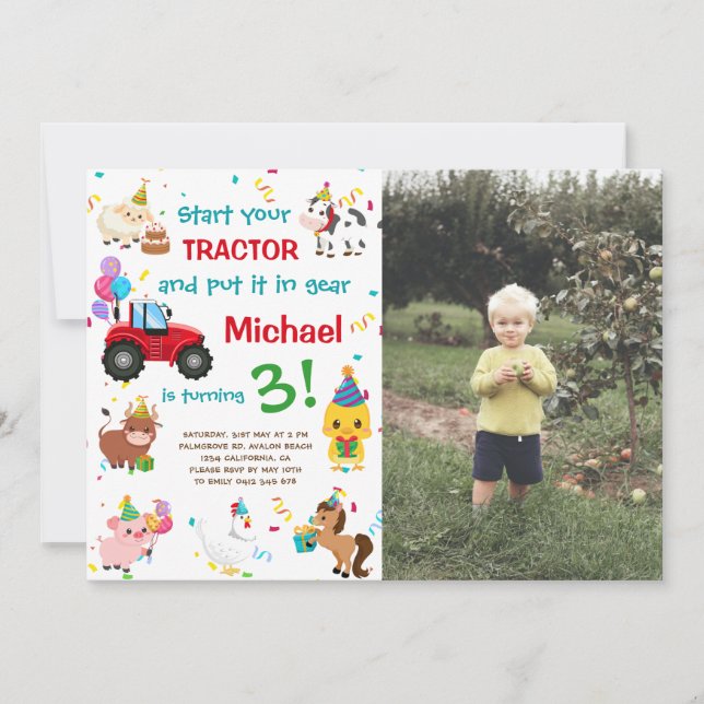 Invitation Tracteur et animaux de ferme | Photo Anniversaire (Devant)