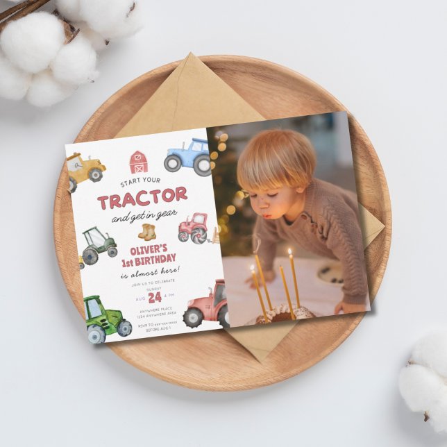 Invitation tracteur photo personnalisé 1er anniversaire (Créateur téléchargé)