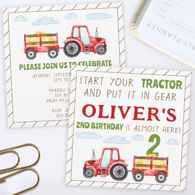 Invitation Tracteur rouge 1er 2e anniversaire carré invitatio (Créateur téléchargé)