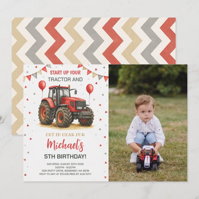 Invitation Tracteur rouge Thème de fête d'anniversaire Photo (Devant / Derrière)
