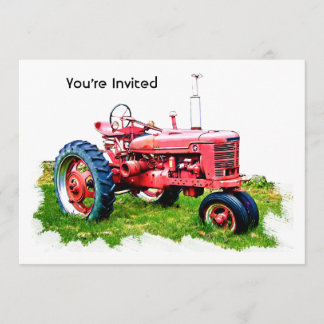 Invitation Tracteur rouge Vintage sur le terrain