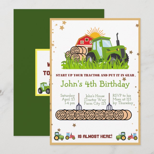 Invitation Tracteur vert | Boys Thématique fête d'anniversair (Devant / Derrière)