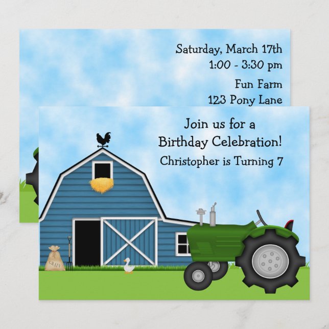 Invitation Tracteur vert et Blue Barn Boys Anniversaire Invit (Devant / Derrière)