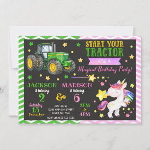 Invitation Tracteur Vert et Licorne Anniversaire Commun