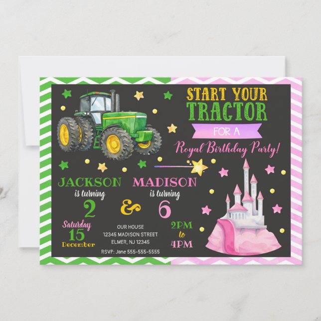 Invitation Tracteur Vert et Princesse Fête d'anniversaire com (Devant)