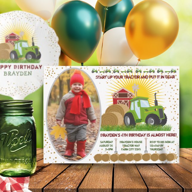 Invitation Tracteur vert 🚜 ferme grange Anniversaire Photo (Green Tractor 🚜 Farm Barn Birthday Photo Invitation)
