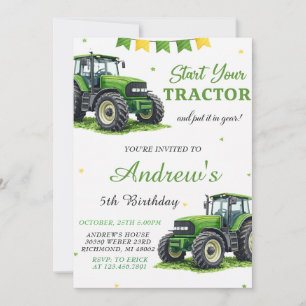Invitation Tracteur Vert Moderne Personnel Anniversaire