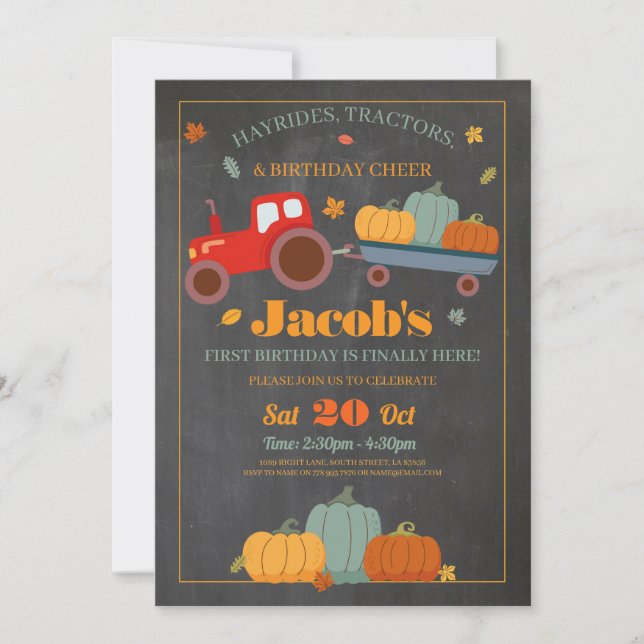 Invitation Tracteurs Citrouilles Anniversaire 1er Chalk d'aut (Devant)