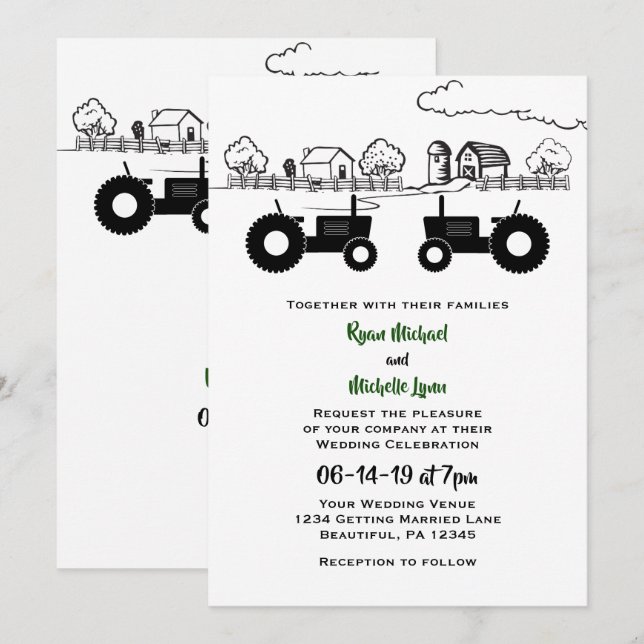 Invitation Tracteurs Silhouette et ferme Noir - Mariage blanc (Devant / Derrière)