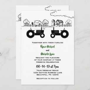 Invitation Tracteurs Silhouette et ferme Noir - Mariage blanc