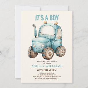 Invitation Tractor Boy Blue Baby Shower 