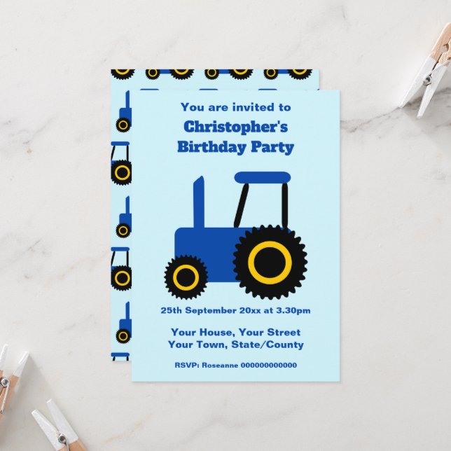 Invitation Tractor Design Personalised Birthday Party (Devant/Arrière en situation)