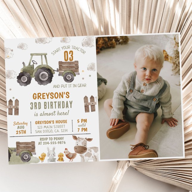 Invitation Tractor Farm Boy 3ème anniversaire de fête Photo (Créateur téléchargé)
